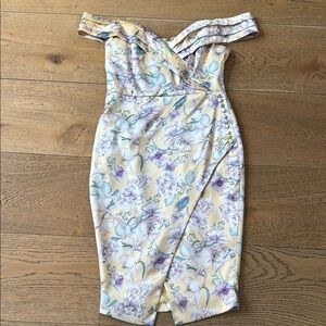 Lavish Alice Pastel Yellow Off Shoulder Floral Wrap Midi Dress